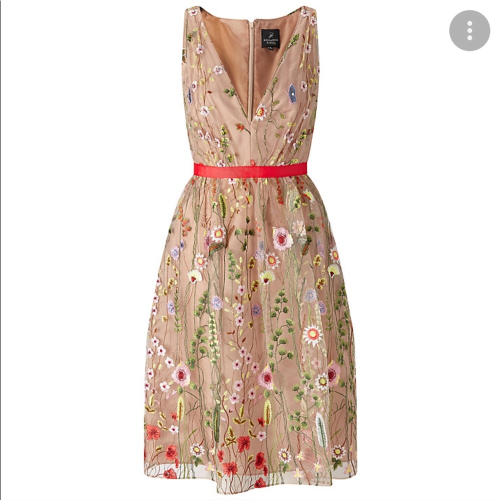 Adrianna Papell Floral V Neck Fit and Flare floral embroidered dress